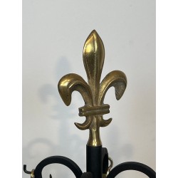Neoclassical Fireplace Companion Set with Fleur-de-Lys Finial in Black and Brass, circa 1970