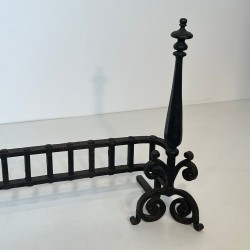 Wrought Iron Firedogs with Gothic Spire Finials and Connecting Bar Grille, French circa 1900