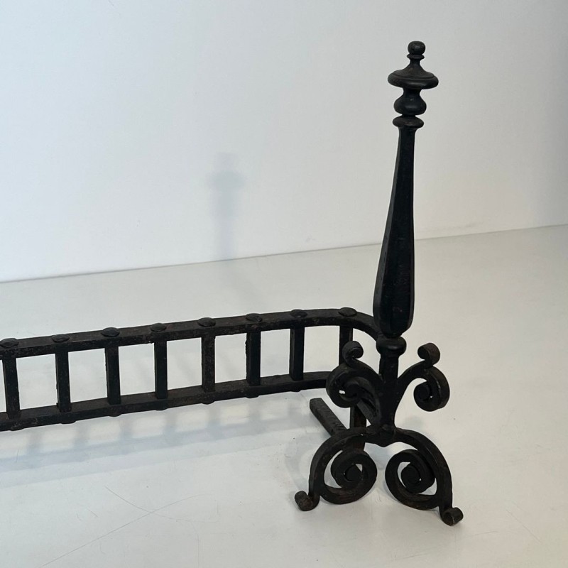Wrought Iron Firedogs with Gothic Spire Finials and Connecting Bar Grille, French circa 1900