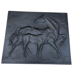 Cast Iron Fireback with Horses, Signed Raina, Foundry Stern, circa 1970