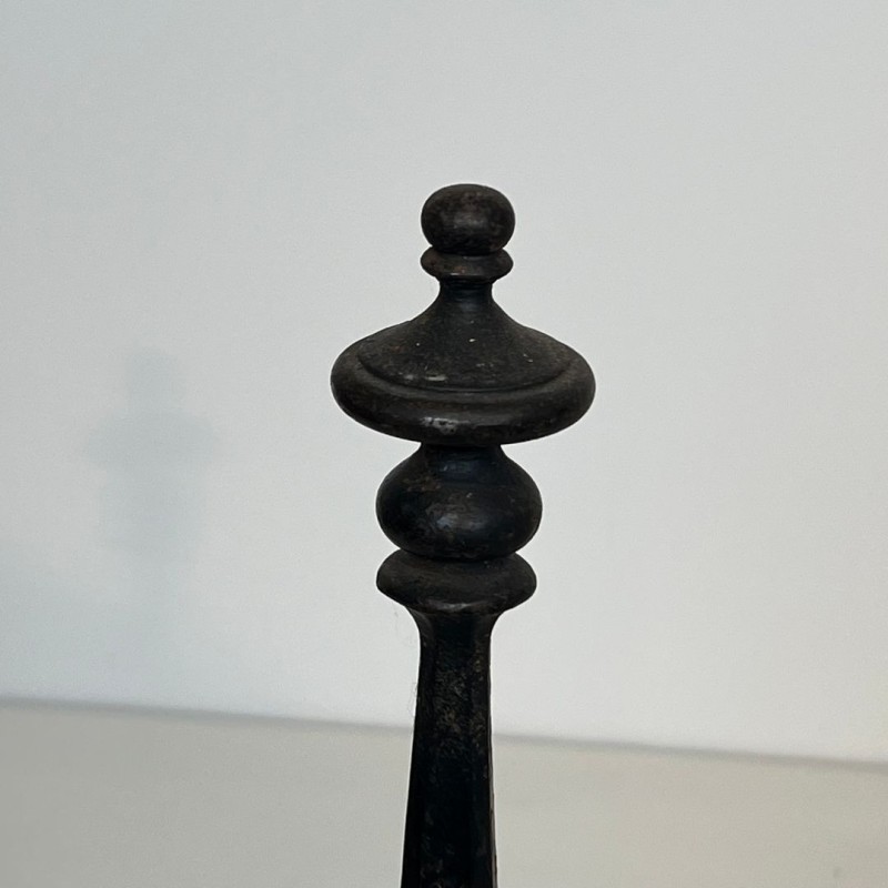 Wrought Iron Firedogs with Gothic Spire Finials and Connecting Bar Grille, French circa 1900