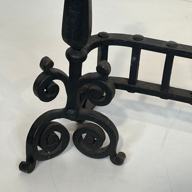 Wrought Iron Firedogs with Gothic Spire Finials and Connecting Bar Grille, French circa 1900