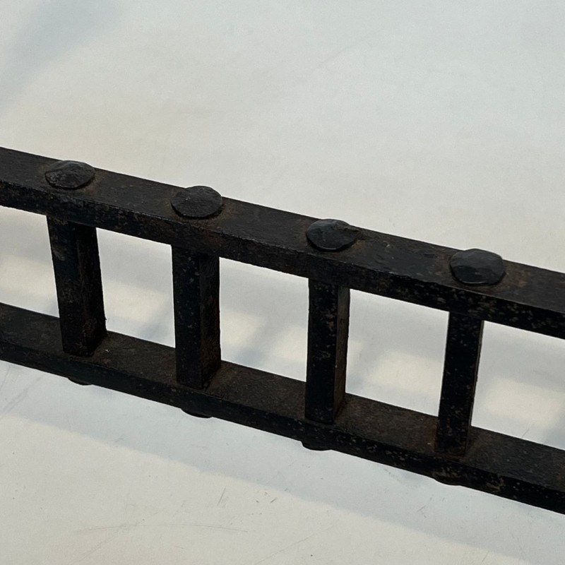 Wrought Iron Firedogs with Gothic Spire Finials and Connecting Bar Grille, French circa 1900