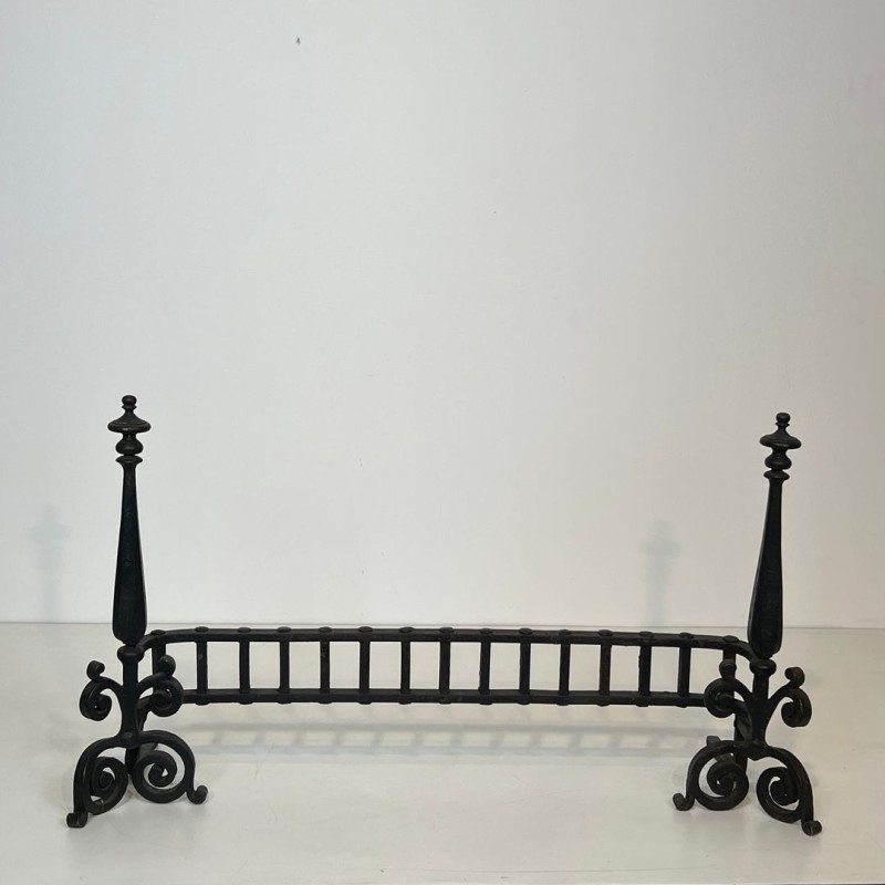 Wrought Iron Firedogs with Gothic Spire Finials and Connecting Bar Grille, French circa 1900