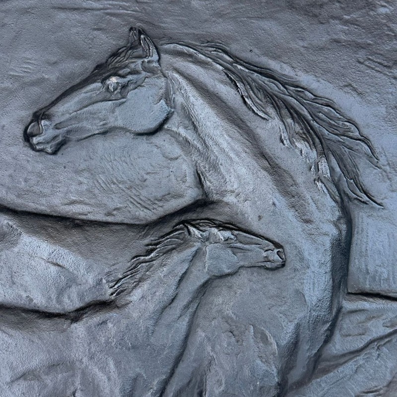 Cast Iron Fireback with Horses, Signed Raina, Foundry Stern, circa 1970