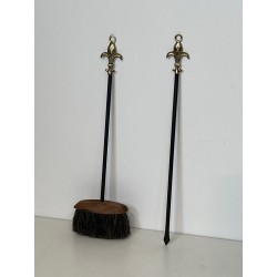 Neoclassical Fireplace Companion Set with Fleur-de-Lys Finial in Black and Brass, circa 1970