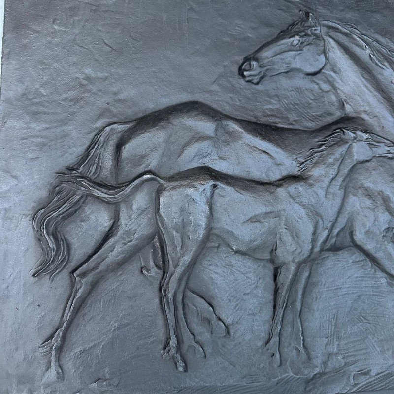 Cast Iron Fireback with Horses, Signed Raina, Foundry Stern, circa 1970