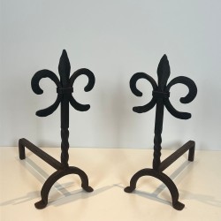 Pair of Wrought Iron Andirons with Fleur-de-Lys Finials, French, circa 1970