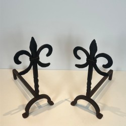 Pair of Wrought Iron Andirons with Fleur-de-Lys Finials, French, circa 1970