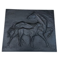 Plaque de Cheminée en Fonte aux Chevaux, Signée Raina, Fonderie Stern, vers 1970