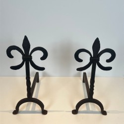Pair of Wrought Iron Andirons with Fleur-de-Lys Finials, French, circa 1970