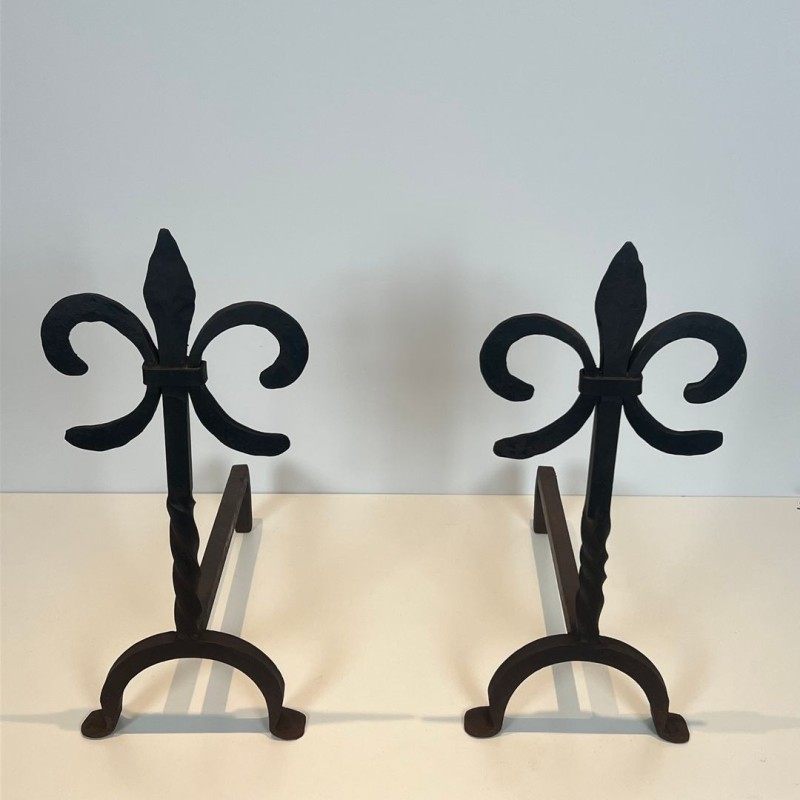 Pair of Wrought Iron Andirons with Fleur-de-Lys Finials, French, circa 1970