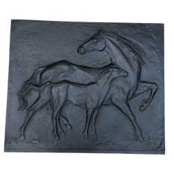 Cast Iron Fireback with Horses, Signed Raina, Foundry Stern, circa 1970