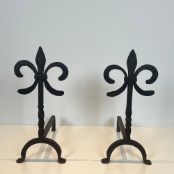 Pair of Wrought Iron Andirons with Fleur-de-Lys Finials, French, circa 1970