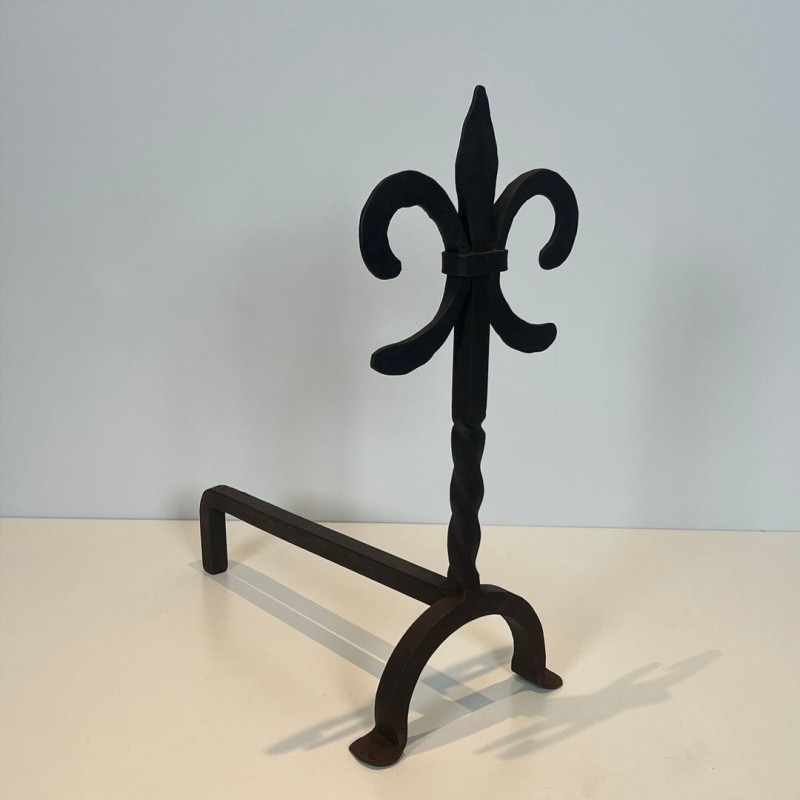 Pair of Wrought Iron Andirons with Fleur-de-Lys Finials, French, circa 1970