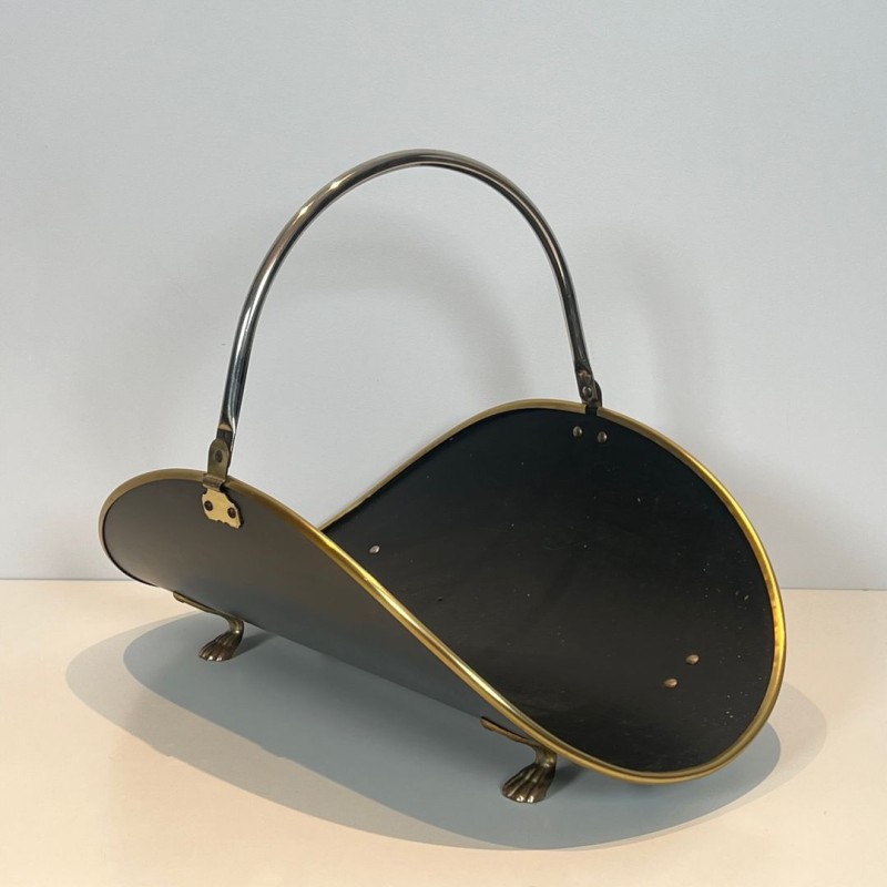 Neoclassical Log Holder in Black Lacquered Brass with Polished Brass Trim, French circa 1970
