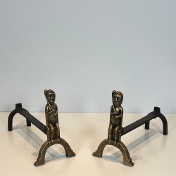 Pair of Bronze Andirons with Seated Shaman Figures, Monogrammed Anton Prinner, circa 1930