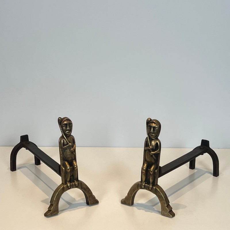 Pair of Bronze Andirons with Seated Shaman Figures, Monogrammed Anton Prinner, circa 1930