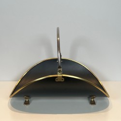 Neoclassical Log Holder in Black Lacquered Brass with Polished Brass Trim, French circa 1970