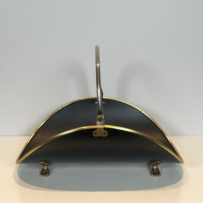 Neoclassical Log Holder in Black Lacquered Brass with Polished Brass Trim, French circa 1970