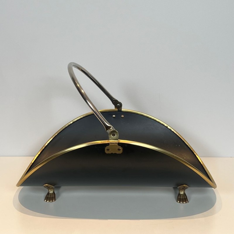 Porte-Bûches Néoclassique en Laiton Laqué Noir avec Garnitures en Laiton Poli, vers 1970