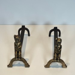 Pair of Bronze Andirons with Seated Shaman Figures, Monogrammed Anton Prinner, circa 1930