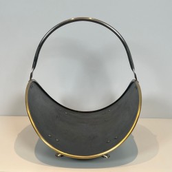 Neoclassical Log Holder in Black Lacquered Brass with Polished Brass Trim, French circa 1970