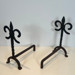 Pair of Wrought Iron Andirons with Fleur-de-Lys Finials, French, circa 1970