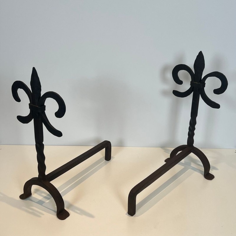 Pair of Wrought Iron Andirons with Fleur-de-Lys Finials, French, circa 1970