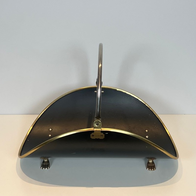 Neoclassical Log Holder in Black Lacquered Brass with Polished Brass Trim, French circa 1970