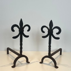 Pair of Wrought Iron Andirons with Fleur-de-Lys Finials, French, circa 1970