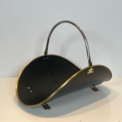 Neoclassical Log Holder in Black Lacquered Brass with Polished Brass Trim, French circa 1970