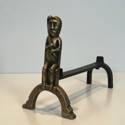 Pair of Bronze Andirons with Seated Shaman Figures, Monogrammed Anton Prinner, circa 1930