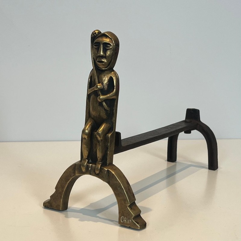 Pair of Bronze Andirons with Seated Shaman Figures, Monogrammed Anton Prinner, circa 1930