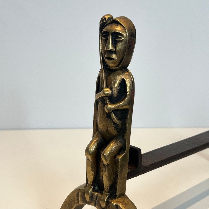 Pair of Bronze Andirons with Seated Shaman Figures, Monogrammed Anton Prinner, circa 1930