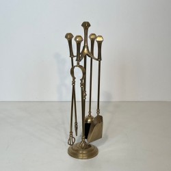 Neoclassical Brass Fireplace Companion Set on Tripod Stand, French, circa 1970