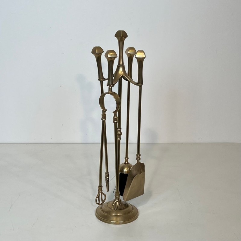 Neoclassical Brass Fireplace Companion Set on Tripod Stand, French, circa 1970