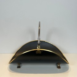 Neoclassical Log Holder in Black Lacquered Brass with Polished Brass Trim, French circa 1970