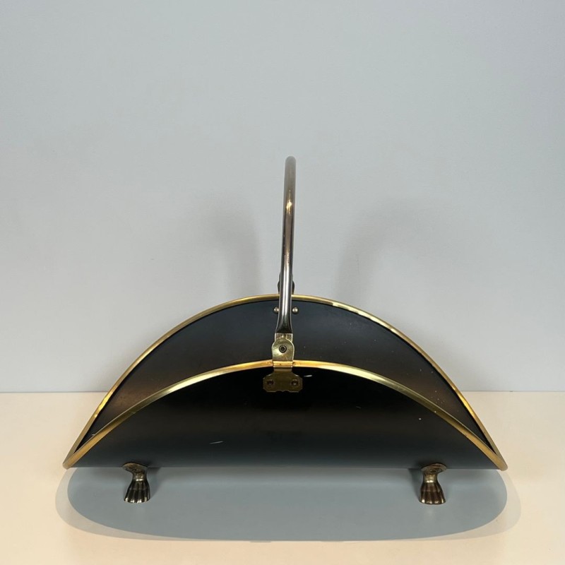 Neoclassical Log Holder in Black Lacquered Brass with Polished Brass Trim, French circa 1970