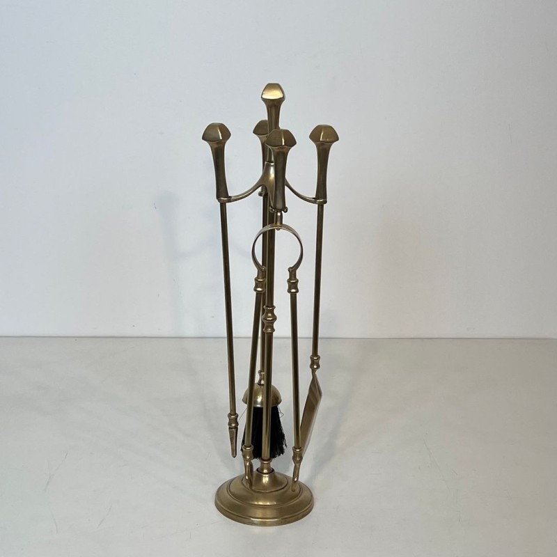 Neoclassical Brass Fireplace Companion Set on Tripod Stand, French, circa 1970