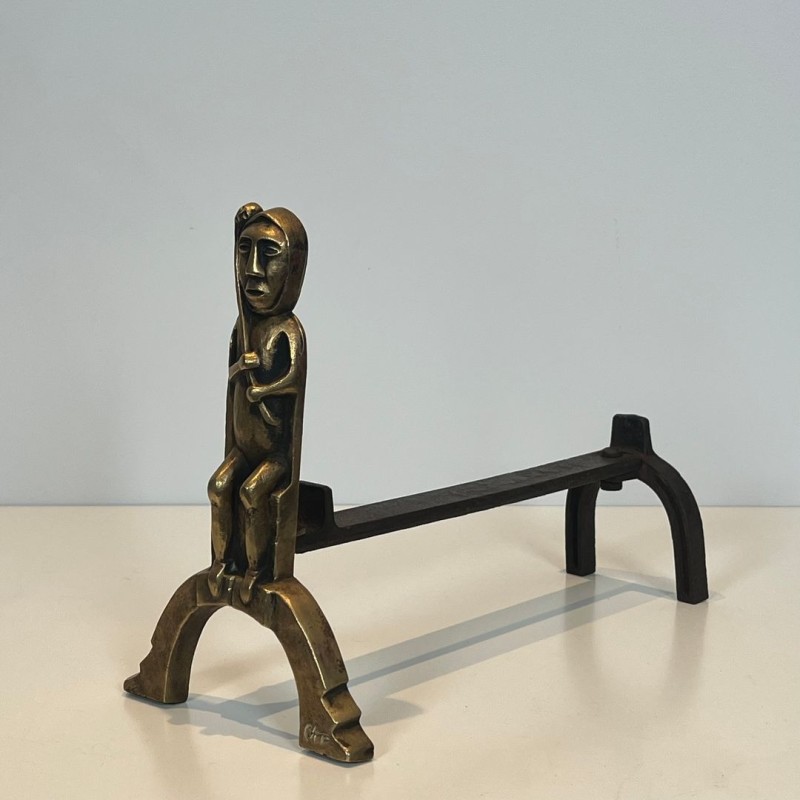 Pair of Bronze Andirons with Seated Shaman Figures, Monogrammed Anton Prinner, circa 1930