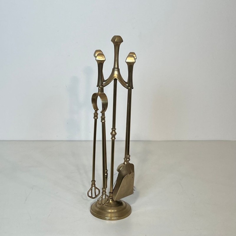 Neoclassical Brass Fireplace Companion Set on Tripod Stand, French, circa 1970