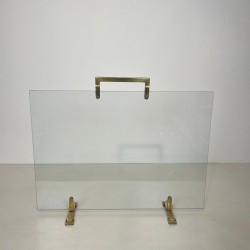 Modernist Single-Panel Glass and Brass Fireplace Screen, French circa 1970