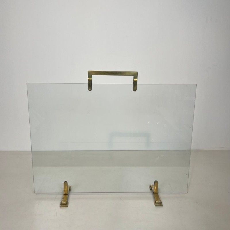 Pare-Feu Moderniste à Panneau de Verre et Laiton, Travail Français, vers 1970