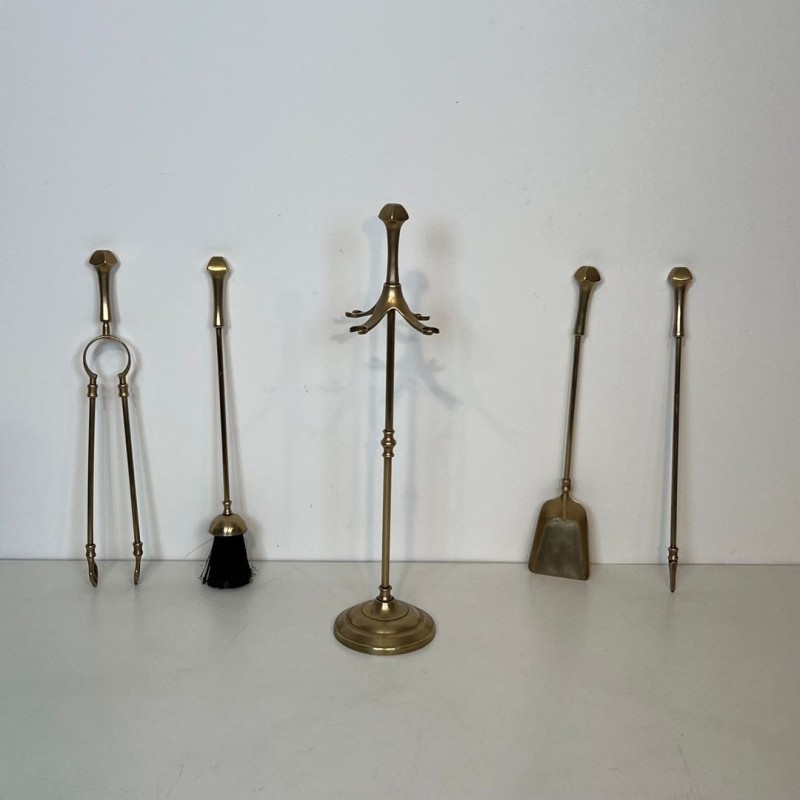 Neoclassical Brass Fireplace Companion Set on Tripod Stand, French, circa 1970