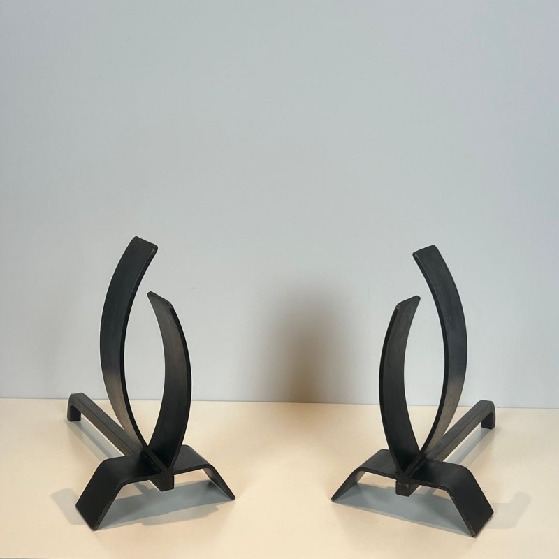 Paire de Chenets Modernistes en Acier à Formes Flamme sur Socle Plat, vers 1970