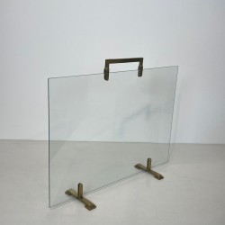 Modernist Single-Panel Glass and Brass Fireplace Screen, French circa 1970