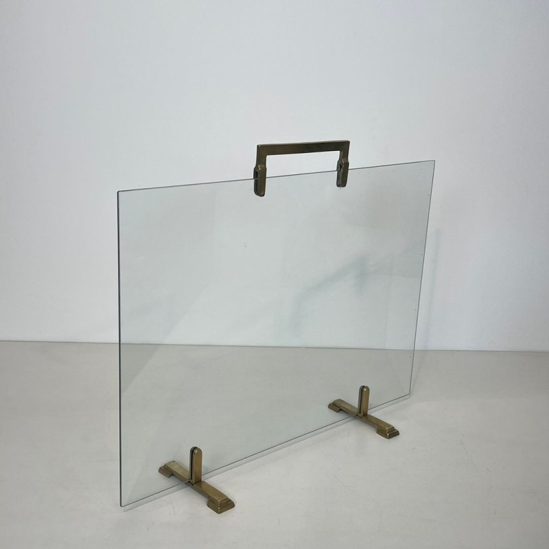Modernist Single-Panel Glass and Brass Fireplace Screen, French circa 1970