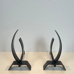 Pair of Modernist Flame-Form Steel Andirons on Flat Base, French, circa 1970