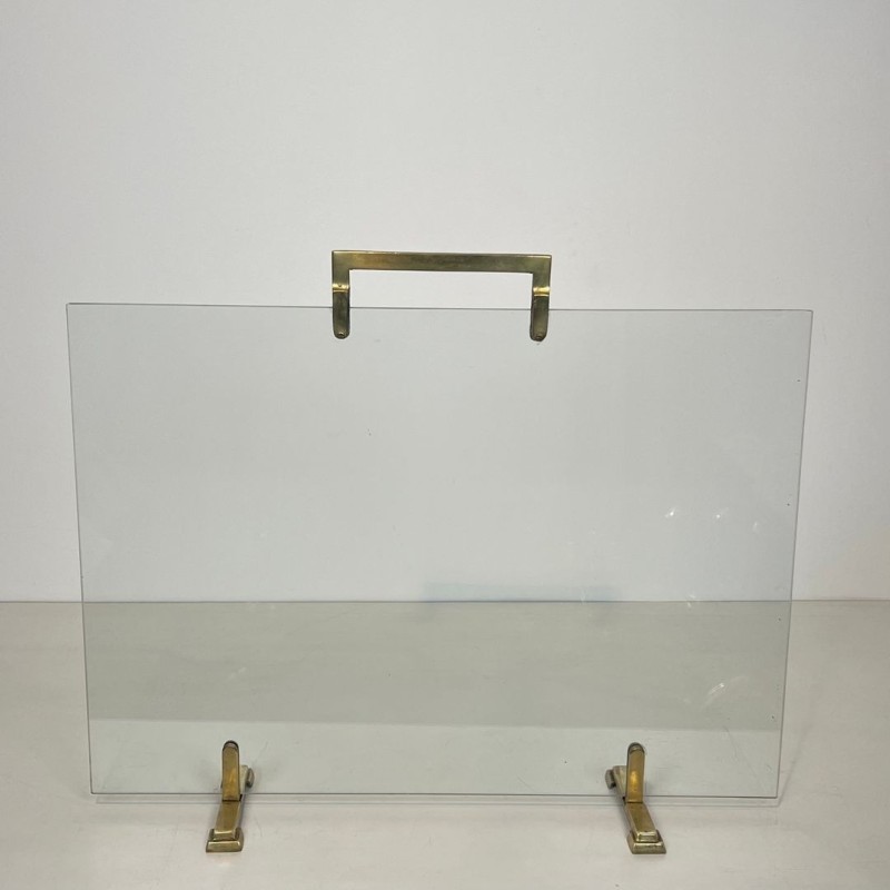 Pare-Feu Moderniste à Panneau de Verre et Laiton, Travail Français, vers 1970